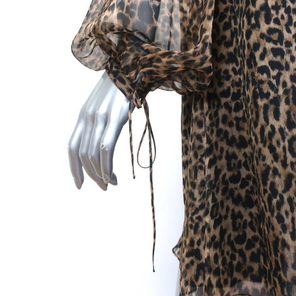 SAINT LAURENT MINI DRESS LEOPARD PRINT SILK CHIFFON SIZE 44 TIE-SLEEVE SHIFT - Picture 6 of 10